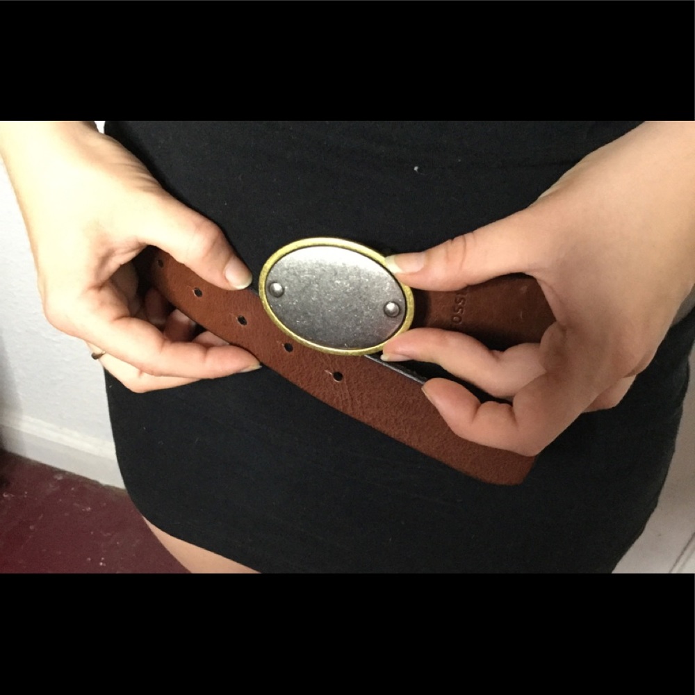 FOSSIL Brown Leather Belt 2 Tone Buckle Size Small